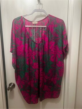 Be Kind Pink Green Floral V-Neck Women’s Top with Dolman Sleeves